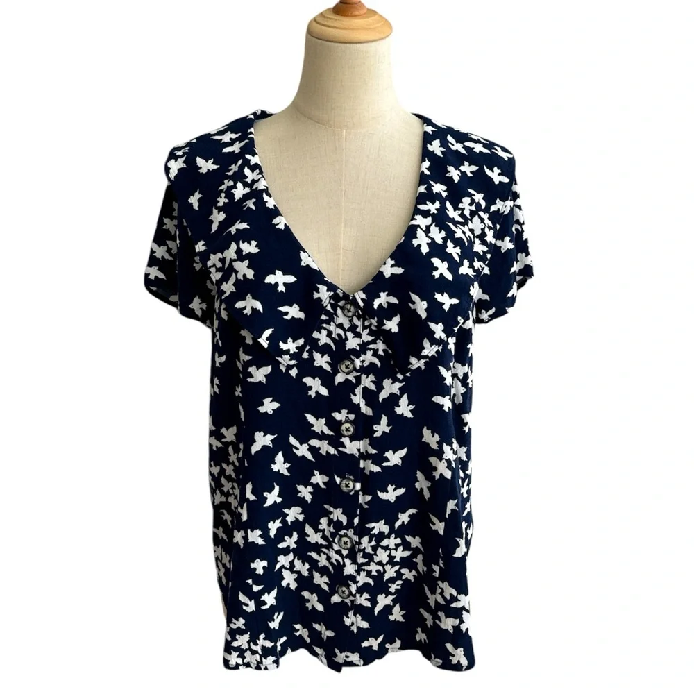 Anthropologie Austen Collared Navy and White Bird Motif  Blouse Top Size 12_2